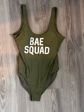 Olive Green "BAE SQUAD" Scoop Back One-Piece Swimsuit